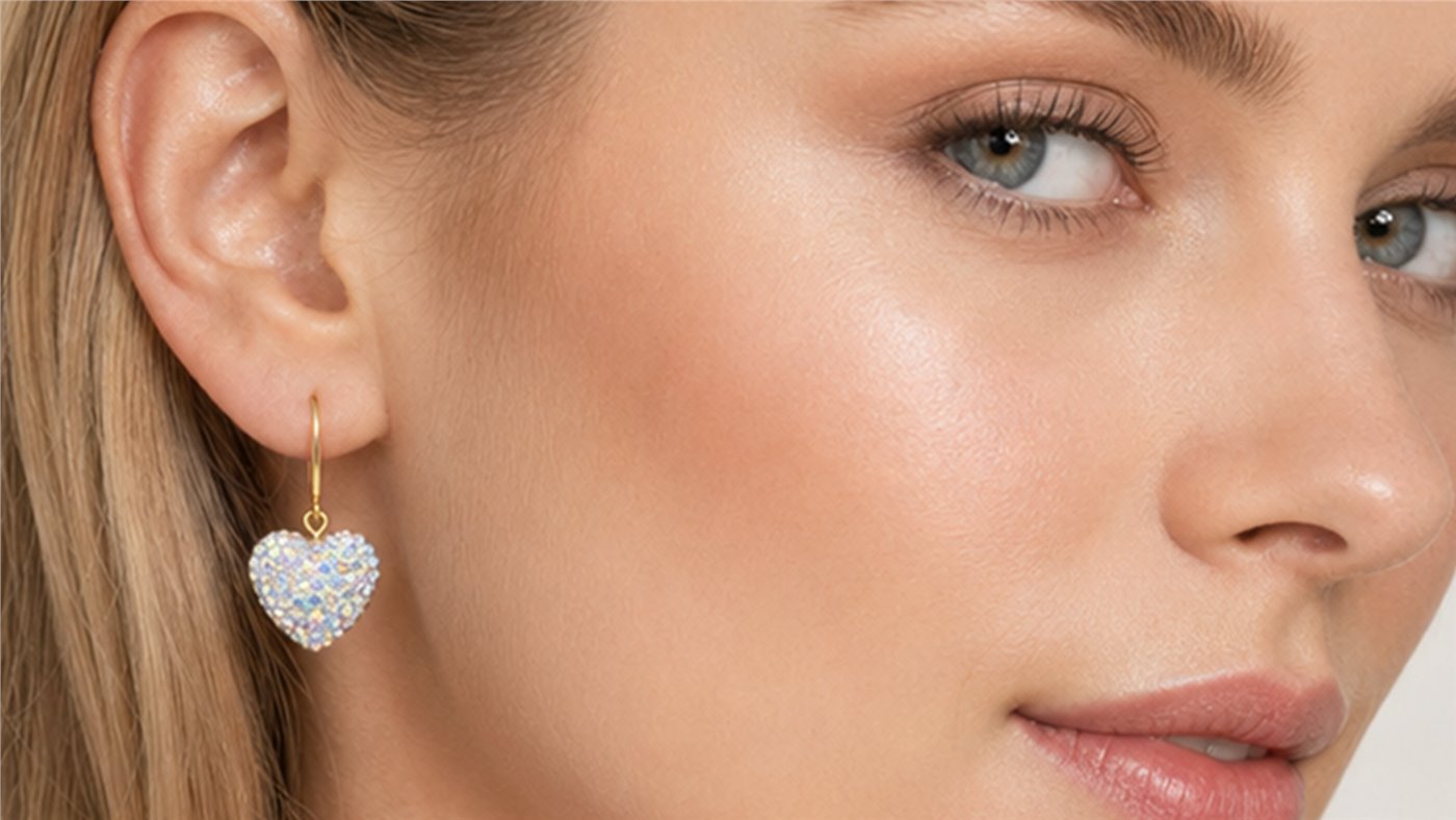 Model wearing opal heart crystal drop earrings